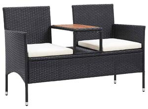 2 személyes fekete polyrattan kerti pad teázóasztallal 143 cm
