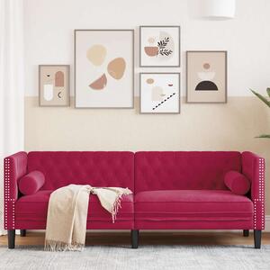 3 személyes bordó bársony Chesterfield kanapé hengerpárnákkal