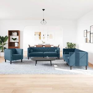 3 részes kék bársony Chesterfield kanapészett hengerpárnákkal