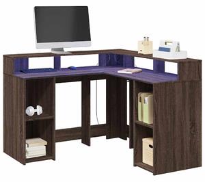 Barna tölgy színű szerelt fa íróasztal LED-ekkel 130x130x91 cm