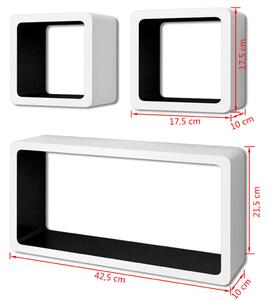 VidaXL 3 négyszögű fehér-fekete MDF lebegő fali könyvpolc/DVD tároló