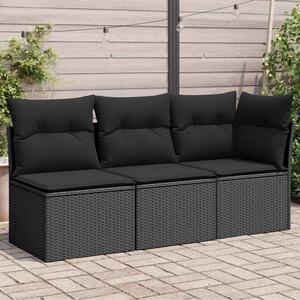 3 személyes fekete polyrattan kerti kanapé párnákkal