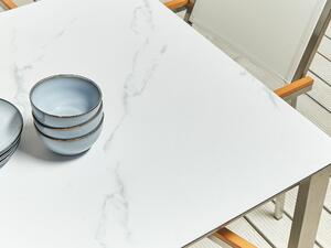 Négyszemélyes márványhatású üveg étkezőasztal fehér székekkel COSOLETO/GROSSETO