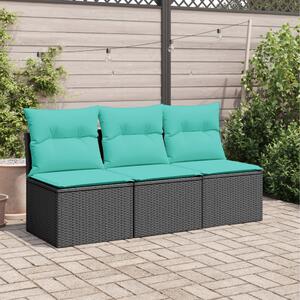 Fekete 3 személyes polyrattan kerti kanapé párnákkal