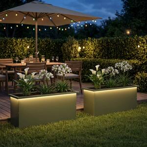 Led-es kerti virágláda 2 db Olajzöld 30 x 100 x 30 cm Acél