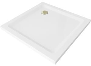 Mexen Flat négyzet alakú slim zuhanytálca 90 x 90 cm, Fehér, szifon Arany - 40109090G