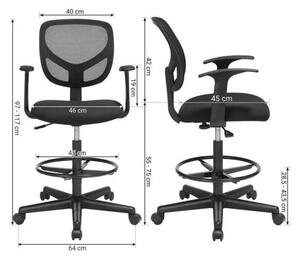 Ergonomikus irodai szék kartámaszokkal, forgó szék 55-75 cm ülésmagasság, Fekete