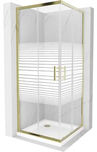 Mexen Rio, szögletes zuhany tolóajtóval 70 (ajtó) x 70 (ajtó) x 190 cm, 5mm átlátszó üveg csíkokkal, arany profil + fehér SLIM zuhanytálca, 860-070-070-50-20-4010G