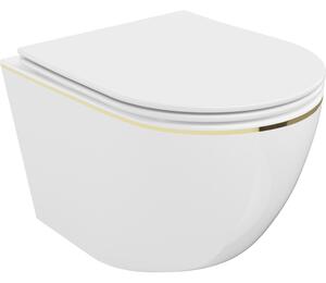 Mexen Lena perem nélküli wc csésze leeresztő automatikás ülőkével, duroplast, Fehér/arany vonalas - 30224005