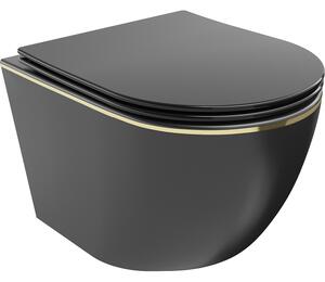 Mexen Lena Rimless WC csésze lassan csukódó, vékony duroplast üléssel, fekete matt/arany vonal - 30224075