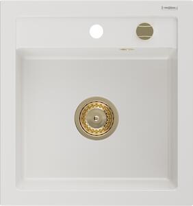 Mexen Vito, gránit mosogató 520x490x210 mm, 1 kamrás, fehér, arany szifonnal, 6503521000-20-G