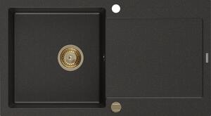 Mexen Leo, gránit mosogató 900x500x190 mm, 1 kamrás, fekete-arany metál arany szifonnal, 6501901010-75-G