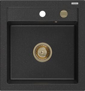 Mexen Vito, gránit mosogató 520x490x210 mm, 1 kamrás, fekete-ezüst metál arany szifonnal, 6503521000-73-G