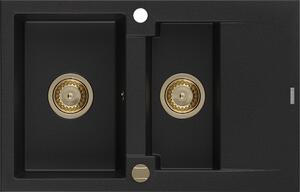 Mexen Gaspar, gránit mosogató 737x475x177 mm, 1,5 kamrás, fekete, arany szifonnal, 6507731505-77-G