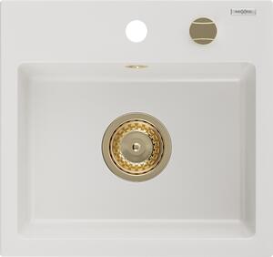 Mexen Milo, gránit mosogató 435x410x171 mm, 1 kamrás, fehér, arany szifonnal, 6505441000-20-G