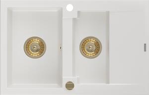 Mexen Gaspar, gránit mosogató 737x475x177 mm, 1,5 kamrás, fehér, arany szifonnal, 6507731505-20-G