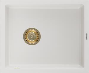 Mexen Pedro egymedencés gránit mosogató 560 x 460 mm, fehér, arany szifonnal - 6508561000-20-G
