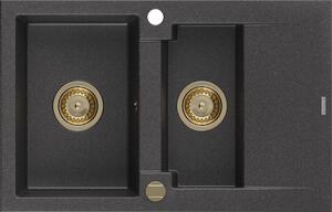 Mexen Gaspar, gránit mosogató 737x475x177 mm, 1,5 kamrás, fekete foltos arany szifonnal, 6507731505-76-G