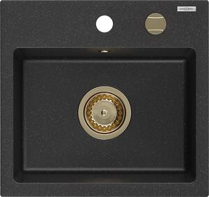 Mexen Milo, gránit mosogató 435x410x171 mm, 1 kamrás, fekete-ezüst metál arany szifonnal, 6505441000-73-G