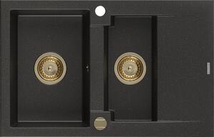 Mexen Gaspar, gránit mosogató 737x475x177 mm, 1,5 kamrás, fekete-arany metál arany szifonnal, 6507731505-75-G