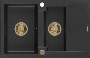 Mexen Gaspar, gránit mosogató 737x475x177 mm, 1,5 kamrás, fekete-ezüst metál arany szifonnal, 6507731505-73-G