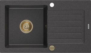 Mexen Pablo, gránit mosogató 752x436x161 mm, 1 kamrás, fekete foltos arany szifonnal, 6510751010-76-G