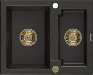 Mexen Carlos, gránit mosogató 582x475x177 mm, 1,5 kamrás, fekete-arany metál arany szifonnal, 6518581500-75-G
