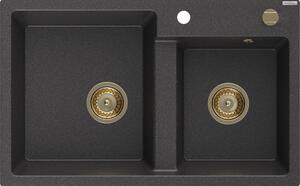 Mexen Tomas, gránit mosogató 800x500x190 mm, 2 kamrás, fekete foltos arany szifonnal, 6516802000-76-G