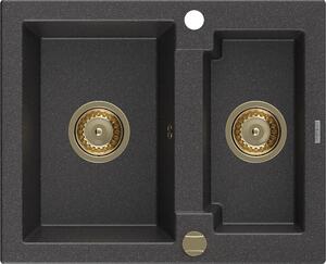 Mexen Carlos, gránit mosogató 582x475x177 mm, 1,5 kamrás, fekete foltos arany szifonnal, 6518581500-76-G