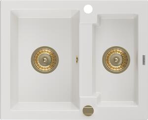 Mexen Carlos, gránit mosogató 582x475x177 mm, 1,5 kamrás, fehér, arany szifonnal, 6518581500-20-G