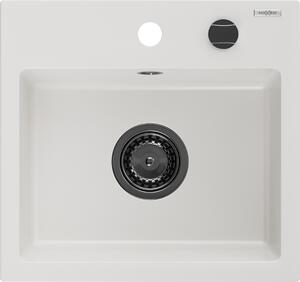 Mexen Milo, gránit mosogató 435x410x171 mm, 1 kamrás, fehér, fekete szifonnal, 6505441000-20-B