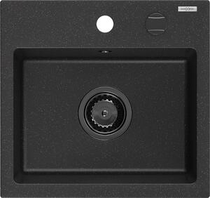 Mexen Milo, gránit mosogató 435x410x171 mm, 1 kamrás, fekete-ezüst metál fekete szifonnal, 6505441000-73-B