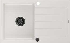 Mexen Bruno, gránit mosogató 795x495x200 mm, 1 kamrás, fehér, fekete szifonnal, 6513791010-20-B