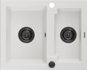 Mexen Carlos, gránit mosogató 582x475x177 mm, 1,5 kamrás, fehér, fekete szifonnal, 6518581500-20-B