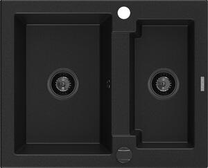 Mexen Carlos, gránit mosogató 582x475x177 mm, 1,5 kamrás, fekete, fekete szifonnal, 6518581500-77-B