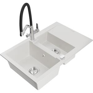 Mexen Gaspar 1.5-medencés gránit mosogató edényszárítóval és konyhai csapteleppel Duo, Fehér - 6507-20-671701-07