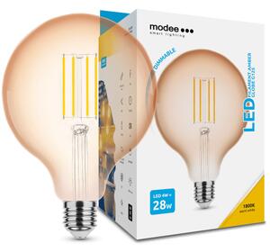 LED lámpa , égő , izzószálas hatás , filament , E27 foglalat , G95 , 4 Watt , dimmelhető , meleg fehér , 1800K , borostyán sárga , Modee