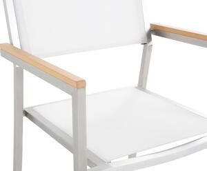 Hatszemélyes étkezőasztal üveglappal és fehér textilén székekkel GROSSETO