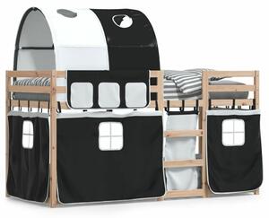 VidaXL fehér/fekete tömör fenyőfa emeletes ágy függönyökkel 80x200 cm