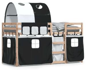 VidaXL fehér/fekete tömör fenyőfa emeletes ágy függönyökkel 90x200 cm