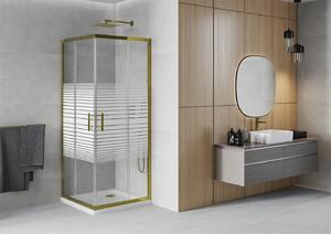 Mexen Rio, szögletes zuhany tolóajtóval 70 (ajtó) x 70 (ajtó) x 190 cm, 5mm átlátszó üveg csíkokkal, arany profil + fehér SLIM zuhanytálca, 860-070-070-50-20-4010G