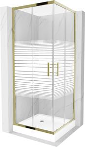 Mexen Rio, szögletes zuhany tolóajtóval 80 (ajtó) x 80 (ajtó) x 190 cm, 5mm átlátszó üveg csíkokkal, arany profil + fehér zuhanytálca RIO, 860-080-080-50-20-4510