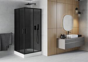 Mexen Rio, szögletes zuhanykabin 90(ajtó)x90(ajtó)x190 cm, 5mm szürke üveg, fekete profil + fehér zuhanytálca RIO, 860-090-090-70-40-4510