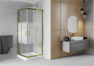 Mexen Rio, szögletes zuhany tolóajtóval 80 (ajtó) x 80 (ajtó) x 190 cm, 5mm átlátszó üveg csíkokkal, arany profil + fehér zuhanytálca RIO, 860-080-080-50-20-4510
