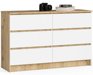 Akord - Komód K120 CLP 6 Fiókos, 120cm Széles, Fehér és Dió Artisan, 16mm Laminált Lemez, ABS Élzárással, Összeszerelhető Bútor