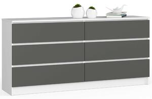 Akord - CLP Komód 160 cm, 6 fiókos, Fehér/Grafit Szürke, Matt Befejezés, Laminált Lemezből, Összeszerelés Szükséges