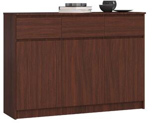 Akord - Elegáns Wenge Komód 138cm, 3 Ajtós és 3 Fiókos, CLP Rendszerű, Matt Felület, Laminált Lemez, Önösszeszerelő Bútor