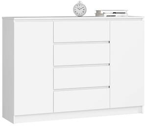 Akord - CLP Fehér Mat Komód K140 2 Ajtós 4 Fiókos, Összeszerelhető Bútor, Fehér ABS Élek, Laminált Lemez, 138x99x40 cm