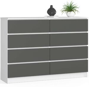 Akord Modern Komód K140 8 Fiókos Fehér és Grafit Színben, CLP Rendszer, Laminált Felület, Matt Befejezés, 138x99x40 cm