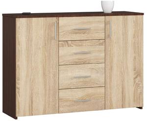 Akord - Klasszikus Stílusú K45 Komód 4 Fiókkal és 2 Ajtóval, Wenge/Dió Sonoma Színben, Lamellált Lemez, Összeszerelhető, ABS Szegély, 110x80x35 cm
